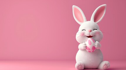 Cute White Easter Bunny holding an easter egg with copy space on a pastel pink background.