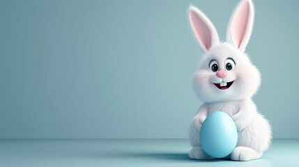 Obraz premium Cute White Easter Bunny holding an easter egg with copy space on a pastel blue background.
