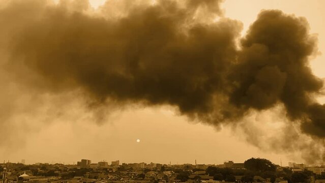 Big City air pollution, black smoke on sky, toxic chemical smog, worst air quality, Yellow sky
