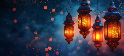 Illuminated Arabic lanterns against a bokeh blue background, suggestive of Ramadan and Islamic celebrations.