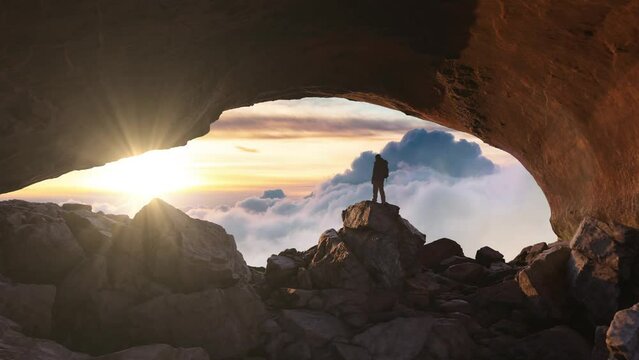Adventurous Man Hiker standing in a Rocky Cave with puffy clouds in background. Adventure Composite. Sunset Sky. 3d Rendering rocks.