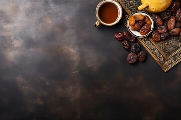 Obraz na płótnie Canvas cup of tea with dried fruits on the table. Ramadan kareem decorations background. Top view, flat lay moslem islam iftar braking fast concept - generative ai