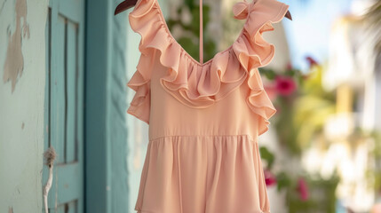 A playful and flirty romper with an asymmetrical ruffle at the neckline and a shorts overlay perfect for a summer picnic. - obrazy, fototapety, plakaty