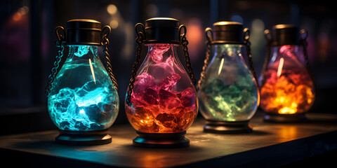 Colorful magic potion bottles on black background. Various magic potions or colorful essential oils in the bottles.