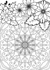 Abstract background with mandala with flowers, leaves and swirls on white background. Anti-stress coloring book. Decorative element for coloring book design for adults and children.