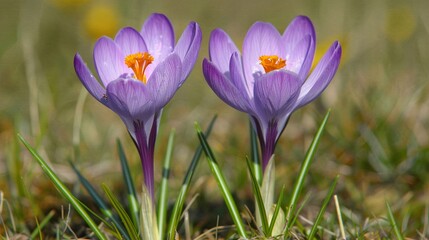 Close-up view of two newly blooming purple crocus flowers in early spring.