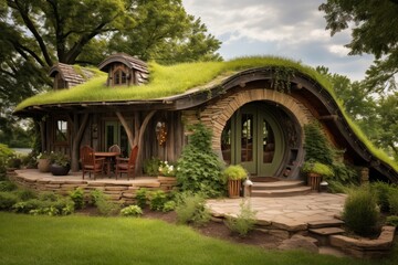 Fototapeta na wymiar Enchanting hobbit-style houses nestled in the tranquil embrace of natures serene beauty