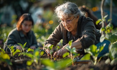 Elderly Woman Gardening with Young Companion