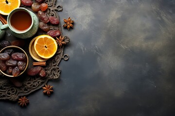 cup of tea with dried fruits on the table. Ramadan kareem decorations background. Top view, flat lay moslem islam iftar braking fast concept - generative ai