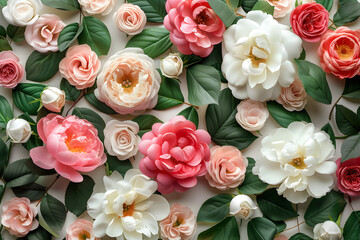 Floral pattern of peonies and roses with green leaves on a light background in vintage boho style, perfect for spring and summer wedding party concept