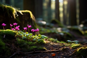 Enchanting spring landscape. beautiful cyclamens and lush moss in the serene forest