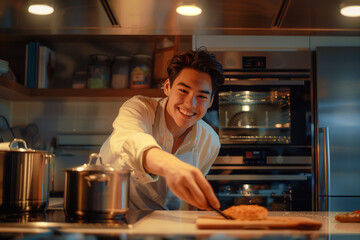 Fototapeta na wymiar young asian chef cooking in kitchen baking pastry smiling happy guy man joyful golden light indoors cheerful radiant ovens stainless steel crockery passion homemade food talent youth smile