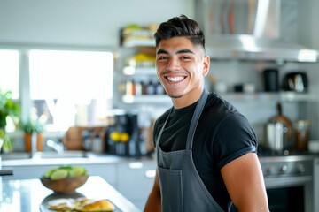 handsome young hispanic man cooking smiling in bright modern kitchen at home latino guy wearing denim apron black tshirt happy joyful cheerful homemade food window light authentic genuine