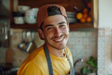 portrait of a young man in his kitchen smiling wearing cap backwards yellow tshirt denim happy apron brown hair joyful window sink shelves cheerful warm gentle kind look welcoming friendly