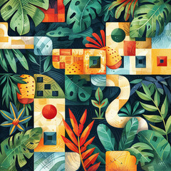 Abstract design of boardgame elements intertwined with tropical houseplant leaves and bread textures