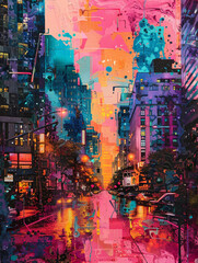 Cyberpunk cityscape powered by biomass and maple syrup streets alive with passionate hues