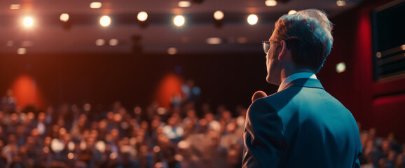 A charismatic leader giving a powerful presentation to a multicultural crowd at a business event