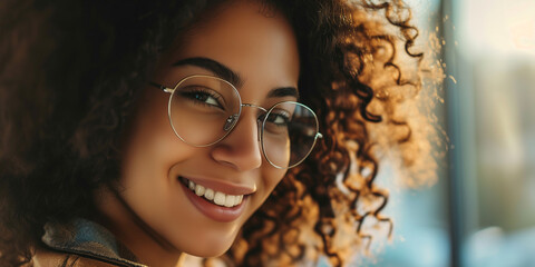 A smiling young Latin American woman with dark curly hair working in an office. A friendly working environment. Background with bokeh effect.