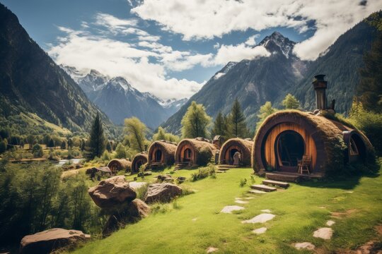 hobbit houses with solar panels on the roof