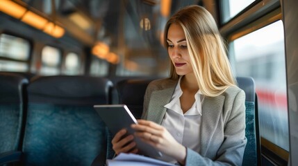 A mobile businesswoman working on a tablet on a fast train