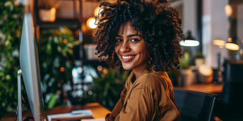 A smiling young Latin American woman with dark curly hair working in an office. A friendly working environment. Background with bokeh effect.  - obrazy, fototapety, plakaty
