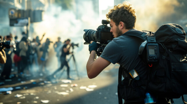 Photojournalist capturing the chaos and impact of a protest.