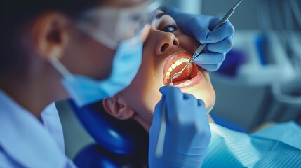 a woman with a painful mouth sitting in a dentist’s chair with a probe and tools
