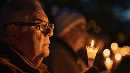 Old man with HIV/AIDS joining a candlelight vigil with loved ones and supporters - obrazy, fototapety, plakaty
