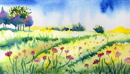 Keuken spatwand met foto Spring meadow  watercolor painting © ROKA Creative