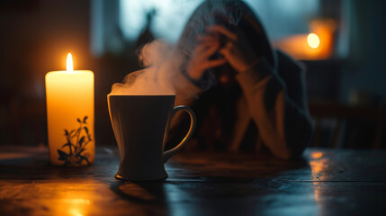 Herbal tea and candlelight comfort for a person with a headache and fever - obrazy, fototapety, plakaty