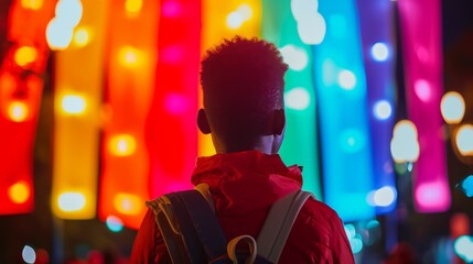 a person affected by HIV/AIDS attending an awareness-raising event surrounded by vibrant banners and supportive volunteers