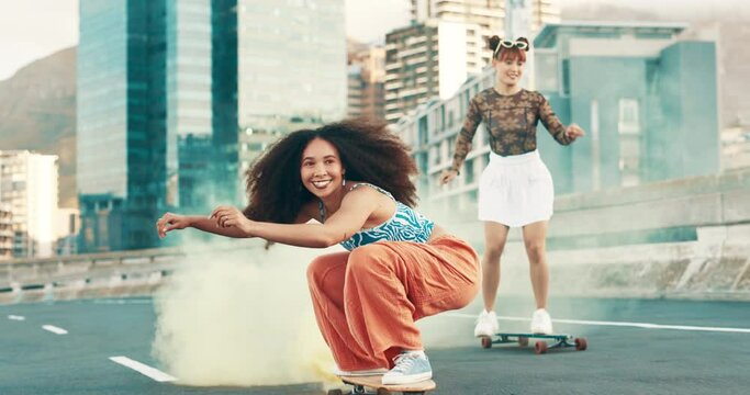 Women, skateboard and city with flare smoke for friends, smile or freedom for fashion, balance or fast in wind. Skater, gen z girl and happy in streetwear clothes with torch, style or speed on bridge