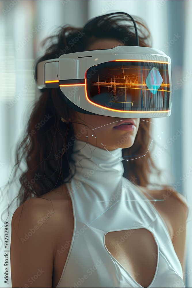 Aufkleber Woman wearing futuristic VR headset, interacting with virtual objects in a digital space. Generative AI.