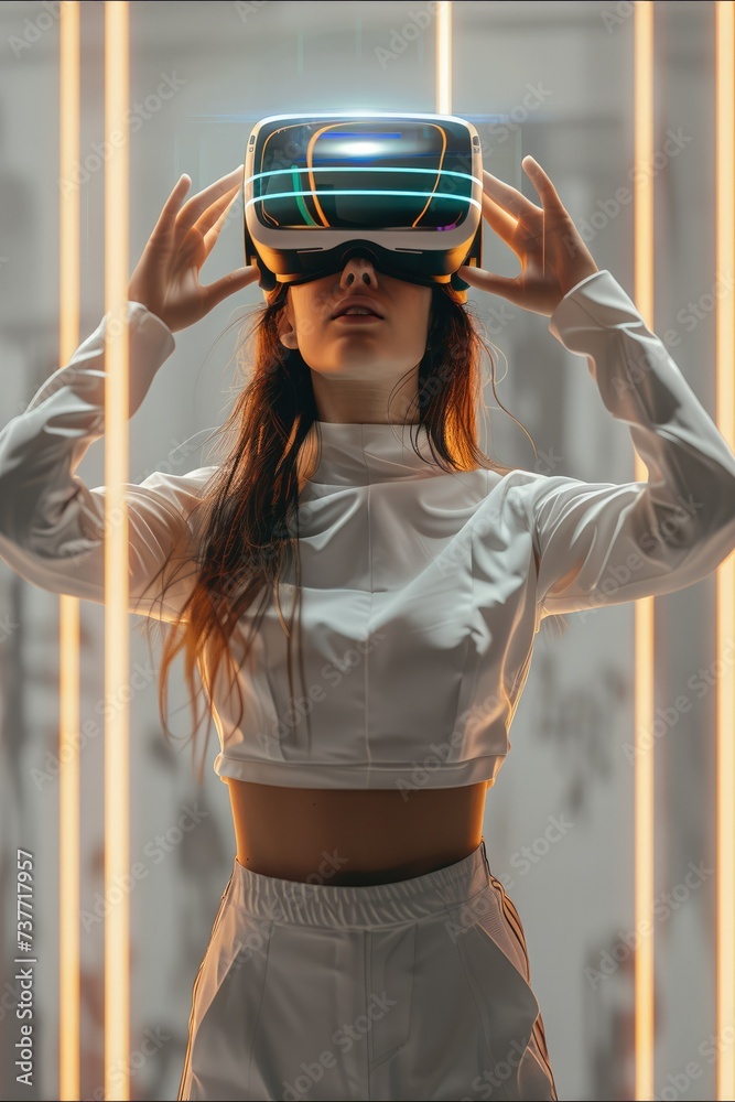 Aufkleber Woman wearing futuristic VR headset, interacting with virtual objects in a digital space. Generative AI.