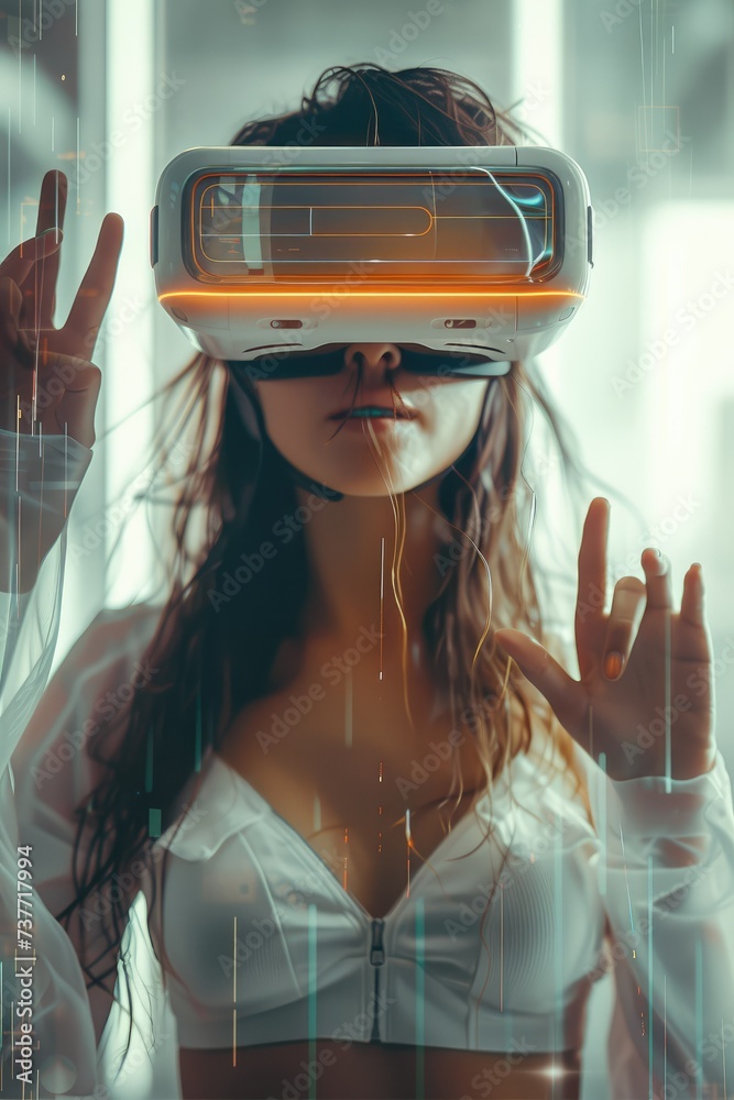 Aufkleber woman wearing futuristic vr headset, interacting with virtual objects in a digital space. generative