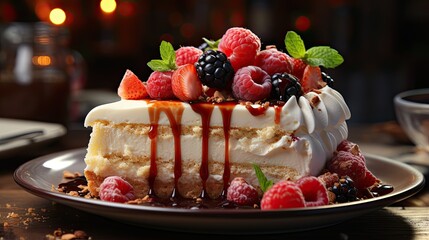Delicious cheesecake on tables with blurred background.
