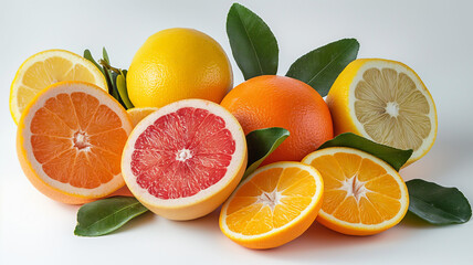 Variety of Citrus Fruits with Leaves Arranged on a Neutral Background