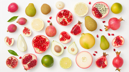 Top View of Exotic Fruits and Citrus Slices on a White Background