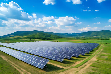 solar energy panels on green field with blue sky background, aerial view