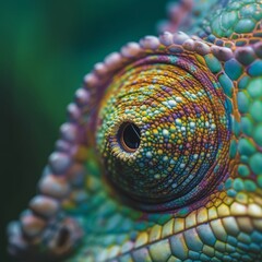 Extreme close-up of a chameleon's eye with vivid multicolored scales.