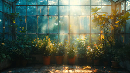 Sunlight Streaming through a Glass Greenhouse with Lush Flowers