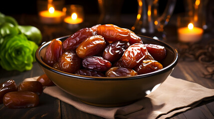 Nourishing Medjool Dates in a Wooden Bowl: Perfect for Ramadan Fasting - obrazy, fototapety, plakaty