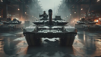 A tank parked in a futuristic military base garage. Generative AI.