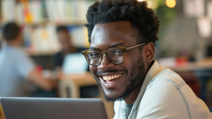 Fototapeta premium Happy Young Man Working on Laptop in a Plant-Filled Cozy Cafe