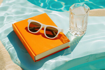 Orange book ,stylish white sunglasses and crystal glass on sunny blue background. 