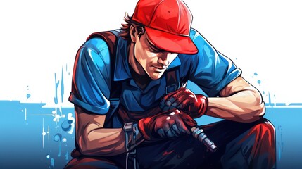 Illustration of a plumber repairing sanitation wearing a blue work uniform and hat