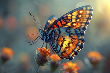 Butterfly's wings blending harmoniously with the blossoms.