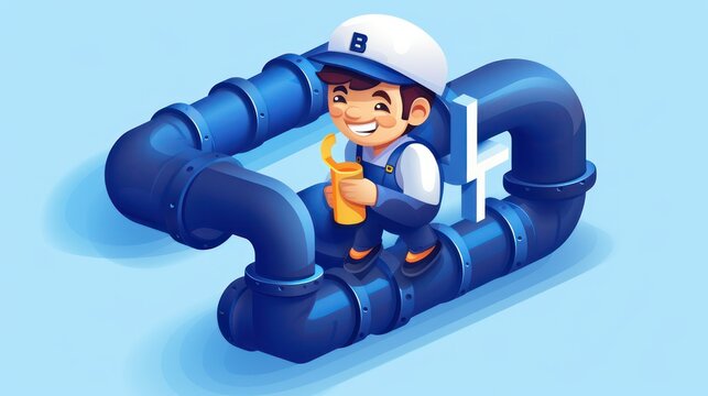3D Isometric design of plumber mascot is sitting on big pipes.