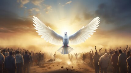 The illustration of a white dove flapping its wings above the chaos of social problems symbolizes peace.