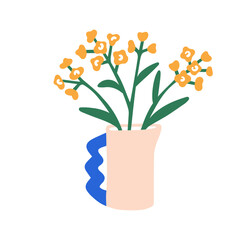 Flowers in ceramic vase. Fragile gentle floral plant, field blooms in jug, pitcher. Spring, summer blossomed wildflower branches and leaf. Flat vector illustration isolated on white background